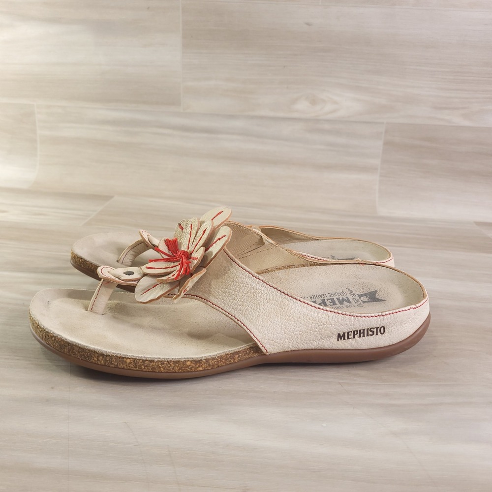 Mephisto Floral Thong Sandals Womens 37 Cream Red Air-Relax Leather Slides